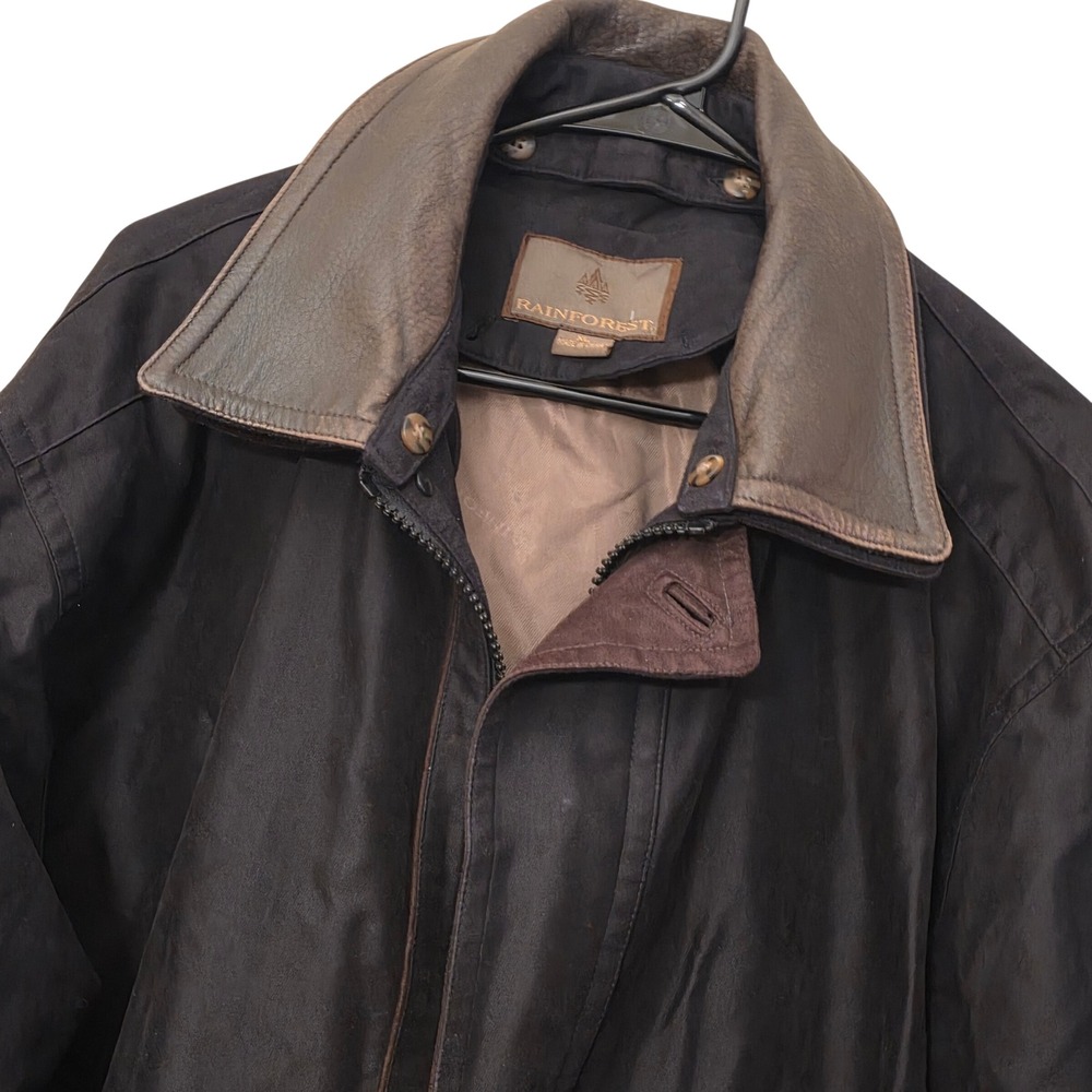 Rainforest Mens XL Down Filled Jacket Black Genuine Leather Collar Trim Zip Up